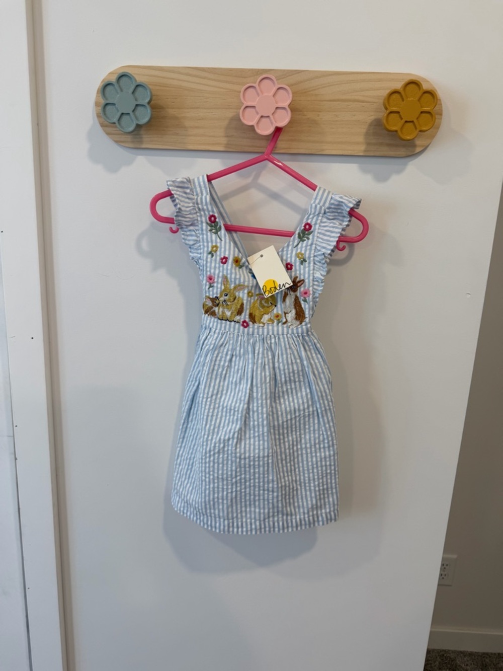 Boden NWT baby Light Blue and White Striped Dress with Bunny Embroidery
